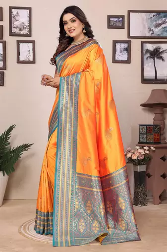 Orange silk blend zari butta weaving banarasi saree with contrast pallu and blouse