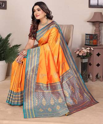 Orange silk blend zari butta weaving banarasi saree with contrast pallu and blouse 3