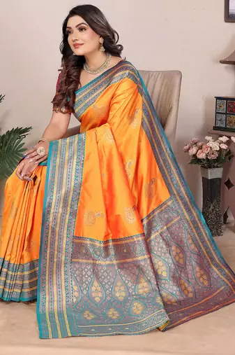 Orange silk blend zari butta weaving banarasi saree with contrast pallu and blouse