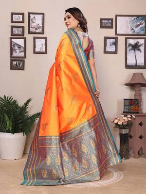 Orange silk blend zari butta weaving banarasi saree with contrast pallu and blouse 4