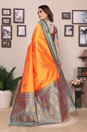 Orange silk blend zari butta weaving banarasi saree with contrast pallu and blouse