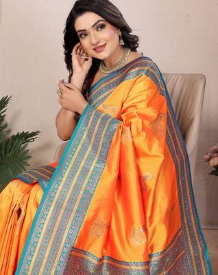 Orange silk blend zari butta weaving banarasi saree with contrast pallu and blouse 5