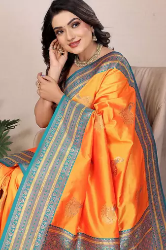 Orange silk blend zari butta weaving banarasi saree with contrast pallu and blouse