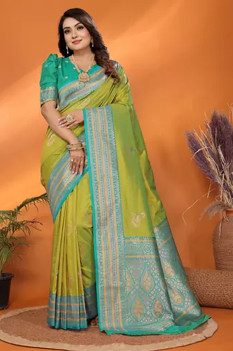 Light green silk blend zari butta weaving banarasi saree with contrast pallu and blouse