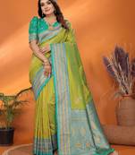 Light green silk blend zari butta weaving banarasi saree with contrast pallu and blouse