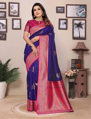 Purple silk blend zari butta weaving banarasi saree with contrast pallu and blouse 1