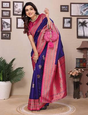 Purple silk blend zari butta weaving banarasi saree with contrast pallu and blouse 2