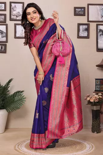Purple silk blend zari butta weaving banarasi saree with contrast pallu and blouse