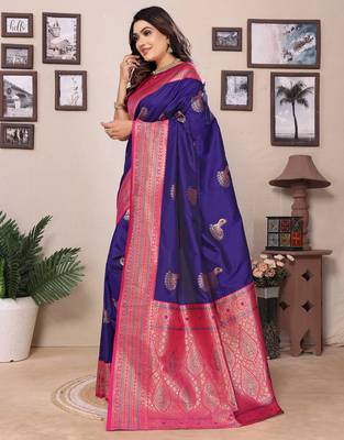 Purple silk blend zari butta weaving banarasi saree with contrast pallu and blouse 3