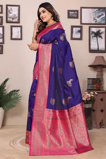 Purple silk blend zari butta weaving banarasi saree with contrast pallu and blouse