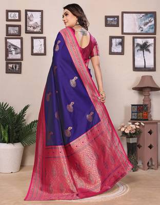 Purple silk blend zari butta weaving banarasi saree with contrast pallu and blouse 4