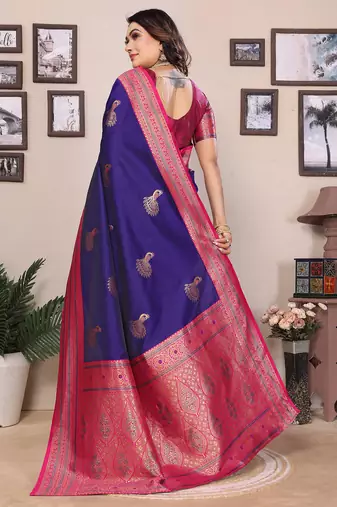 Purple silk blend zari butta weaving banarasi saree with contrast pallu and blouse