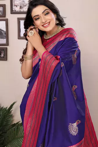 Purple silk blend zari butta weaving banarasi saree with contrast pallu and blouse