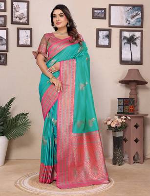 Turquoise silk blend zari butta weaving banarasi saree with contrast pallu and blouse 1