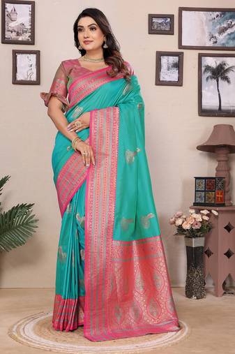 Turquoise silk blend zari butta weaving banarasi saree with contrast pallu and blouse