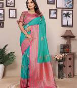 Turquoise silk blend zari butta weaving banarasi saree with contrast pallu and blouse