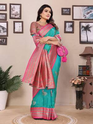 Turquoise silk blend zari butta weaving banarasi saree with contrast pallu and blouse 2