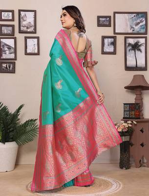 Turquoise silk blend zari butta weaving banarasi saree with contrast pallu and blouse 3
