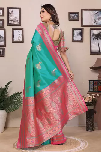 Turquoise silk blend zari butta weaving banarasi saree with contrast pallu and blouse