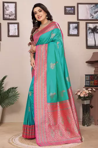 Turquoise silk blend zari butta weaving banarasi saree with contrast pallu and blouse