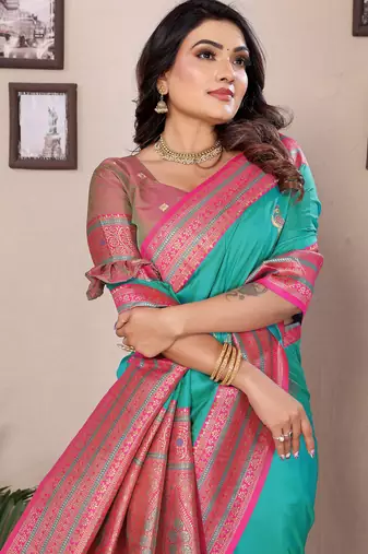 Turquoise silk blend zari butta weaving banarasi saree with contrast pallu and blouse