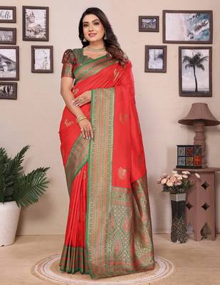 Red silk blend zari butta weaving banarasi saree with contrast pallu and blouse 1