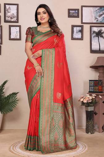 Red silk blend zari butta weaving banarasi saree with contrast pallu and blouse