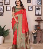 Red silk blend zari butta weaving banarasi saree with contrast pallu and blouse