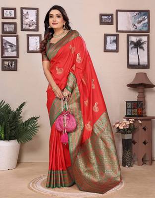 Red silk blend zari butta weaving banarasi saree with contrast pallu and blouse 2