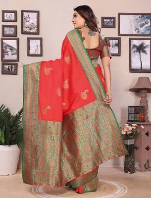 Red silk blend zari butta weaving banarasi saree with contrast pallu and blouse 3