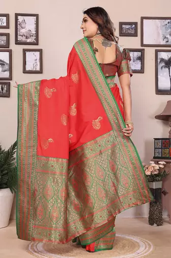 Red silk blend zari butta weaving banarasi saree with contrast pallu and blouse