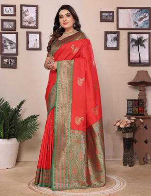 Red silk blend zari butta weaving banarasi saree with contrast pallu and blouse 4