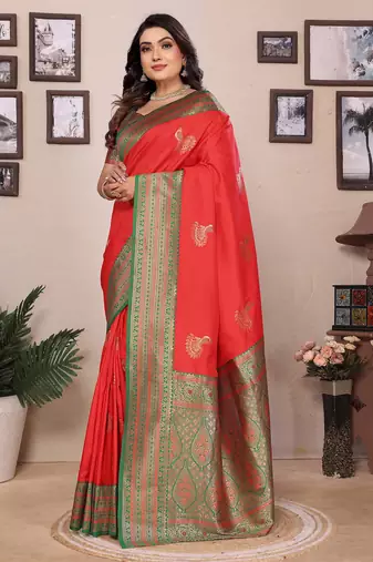 Red silk blend zari butta weaving banarasi saree with contrast pallu and blouse