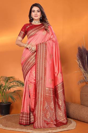 Peach silk blend zari butta weaving banarasi saree with contrast pallu and blouse