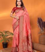 Peach silk blend zari butta weaving banarasi saree with contrast pallu and blouse