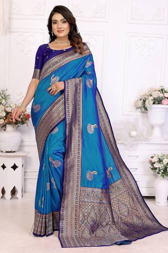 Royal blue silk blend zari butta weaving banarasi saree with contrast pallu and blouse