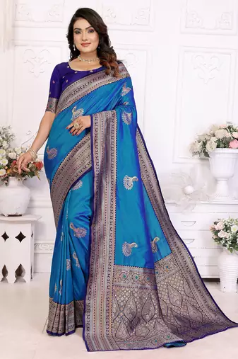 Royal blue silk blend zari butta weaving banarasi saree with contrast pallu and blouse