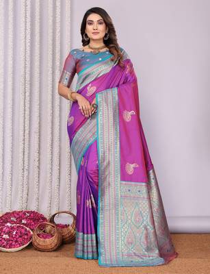 Pink silk blend zari butta weaving banarasi saree with contrast pallu and blouse 1