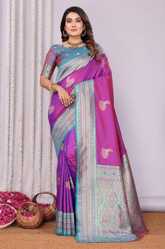 Pink silk blend zari butta weaving banarasi saree with contrast pallu and blouse