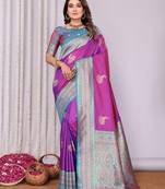 Pink silk blend zari butta weaving banarasi saree with contrast pallu and blouse