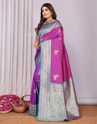 Pink silk blend zari butta weaving banarasi saree with contrast pallu and blouse 2