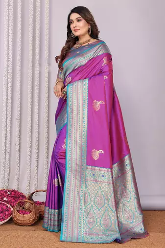 Pink silk blend zari butta weaving banarasi saree with contrast pallu and blouse