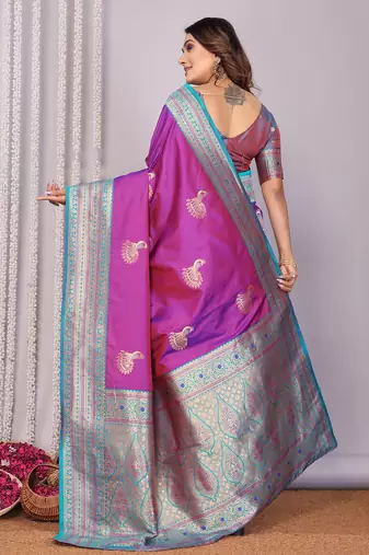 Pink silk blend zari butta weaving banarasi saree with contrast pallu and blouse