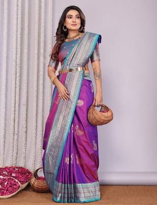 Pink silk blend zari butta weaving banarasi saree with contrast pallu and blouse 4