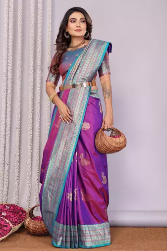 Pink silk blend zari butta weaving banarasi saree with contrast pallu and blouse