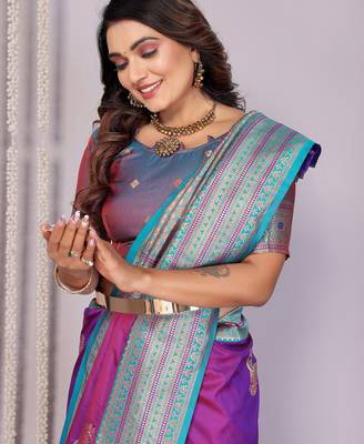 Pink silk blend zari butta weaving banarasi saree with contrast pallu and blouse 5