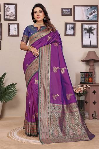 Magenta silk blend zari butta weaving banarasi saree with contrast pallu and blouse