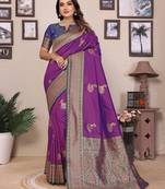 Magenta silk blend zari butta weaving banarasi saree with contrast pallu and blouse