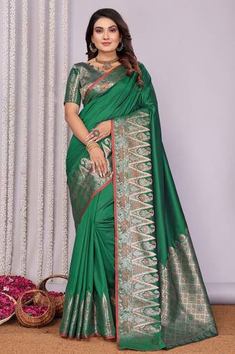 Pine green silk blend zari jacquard weaving banarasi saree with zari weaving border