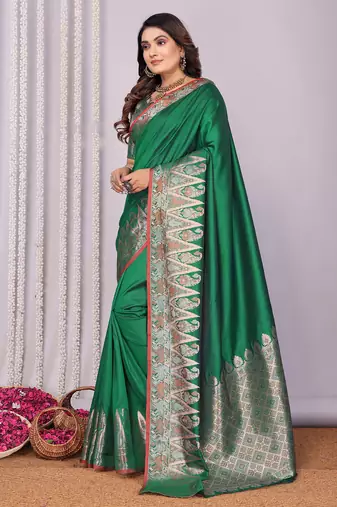 Pine green silk blend zari jacquard weaving banarasi saree with zari weaving border